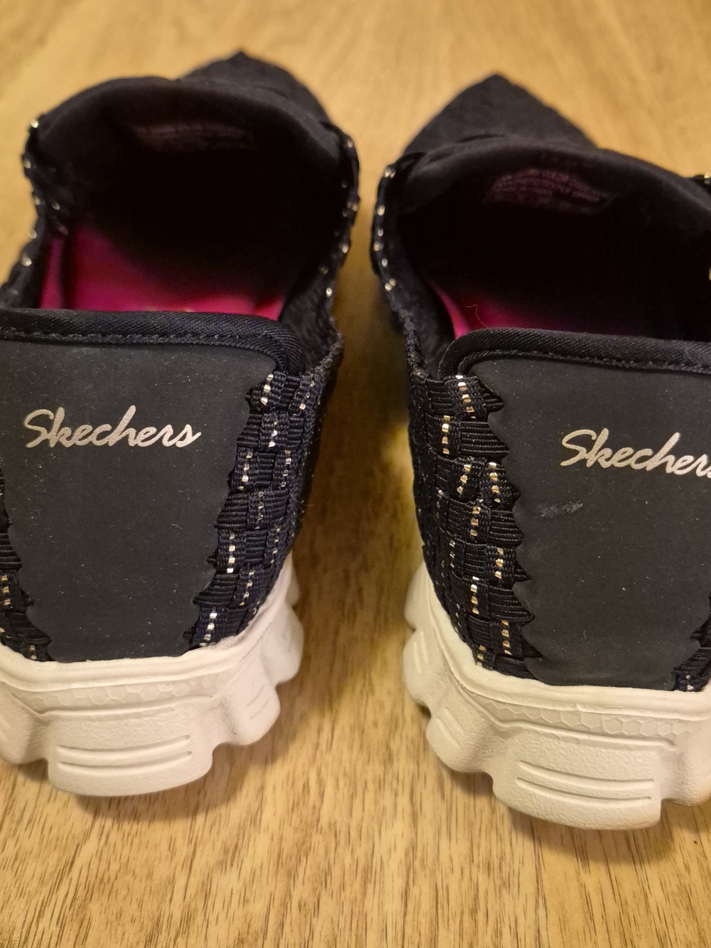 Skechers Navy Woven Slip-On Sneakers with Pink Insoles - Picture 5 of 9